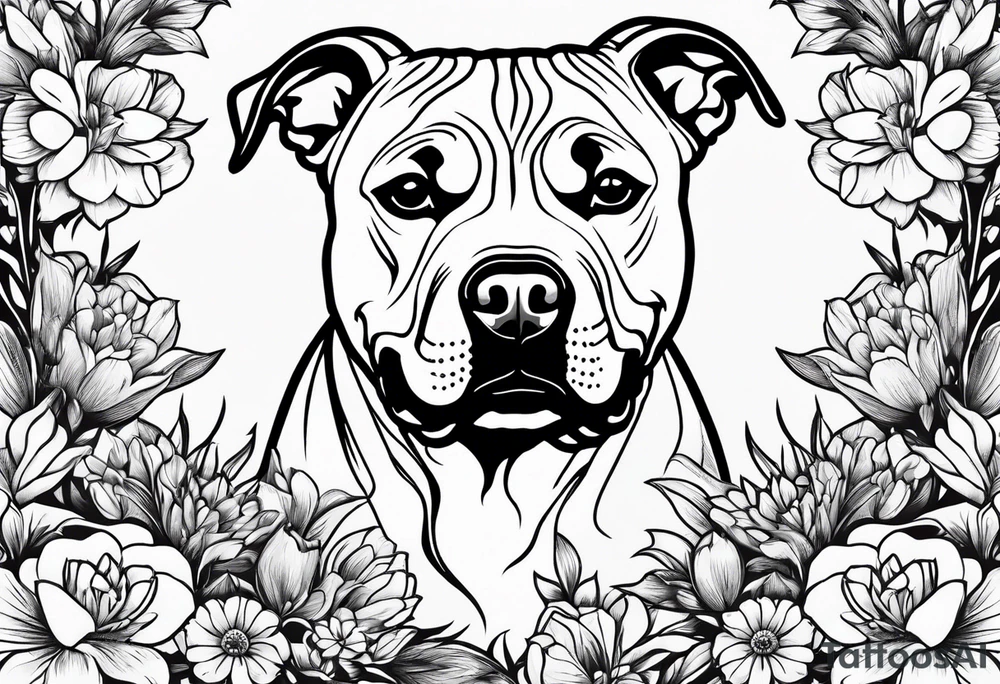 pit bull looking up at you surrounded by flowers tattoo idea