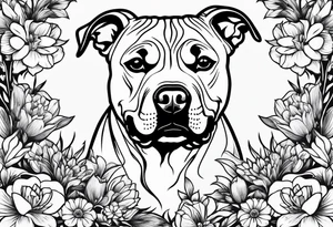 pit bull looking up at you surrounded by flowers tattoo idea