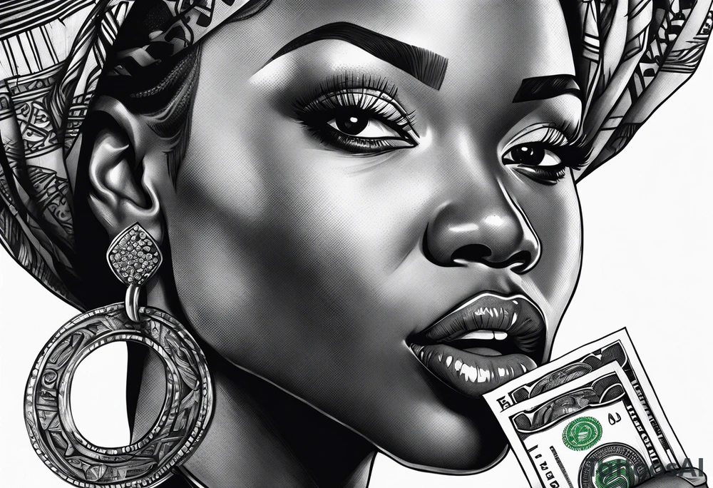 african woman biting money tattoo idea