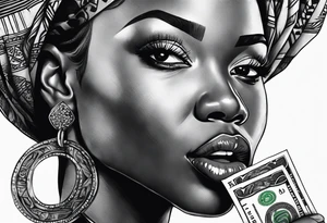 african woman biting money tattoo idea