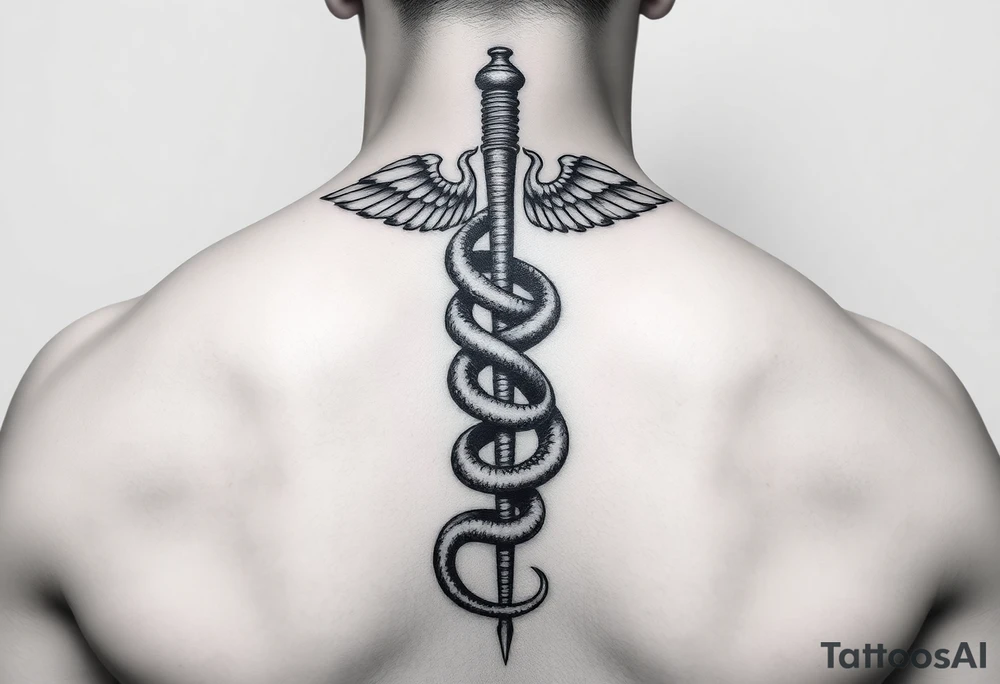 Caduceus with snakes intertwined going up spine tattoo idea