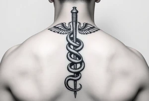 Caduceus with snakes intertwined going up spine tattoo idea