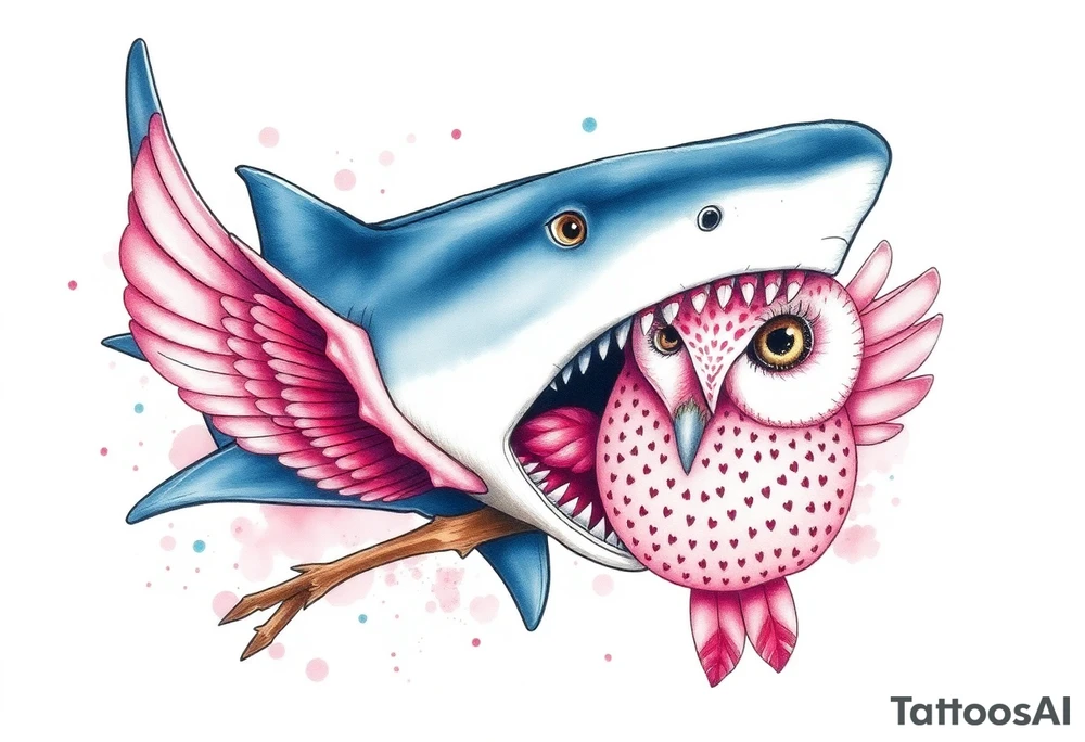 Hammerhead shark eating a pink owl tattoo idea