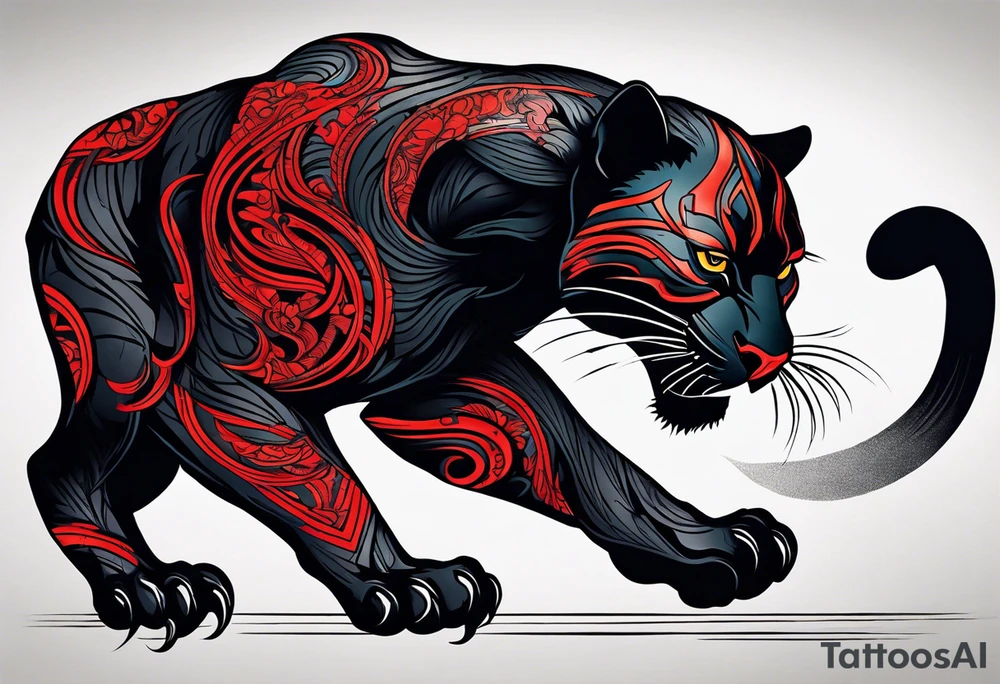 unique black panther tattoo, dynamic pose, showcasing its strength and grace, striking red eyes, intense and captivating elements, artistic flair, blending realism with abstract elements tattoo idea