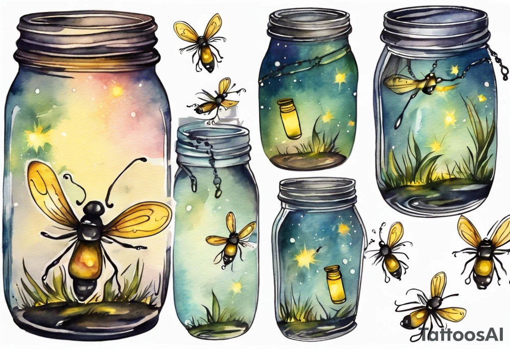 Fireflies coming out of a mason jar and wrapping up the calf tattoo idea