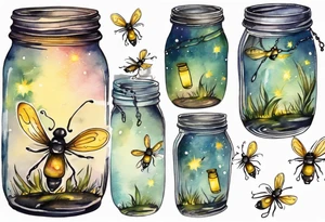 Fireflies coming out of a mason jar and wrapping up the calf tattoo idea