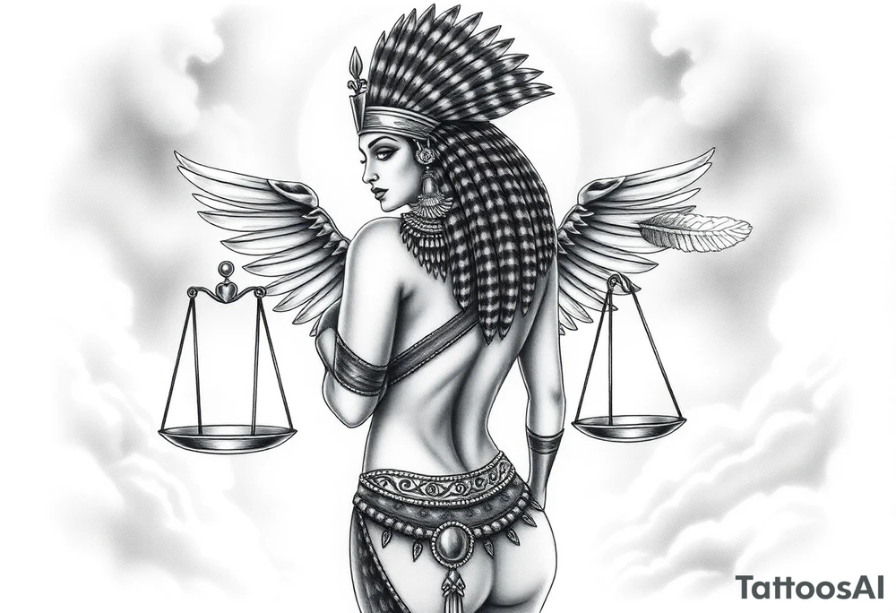 Sexy Egyptian goddess with a curvy body, breasts showing, and wide hips. She is wearing an ostrich feather headdress, and intricate ancient Egyptian jewelry. Background includes something similar to heaven. Incorporate the Scales of Justice—one side holding a heart, the other Ma’at’s feather—glowing with ethereal energy. Emphasize dramatic lighting, deep shadows, and surreal, mystical atmosphere tattoo idea