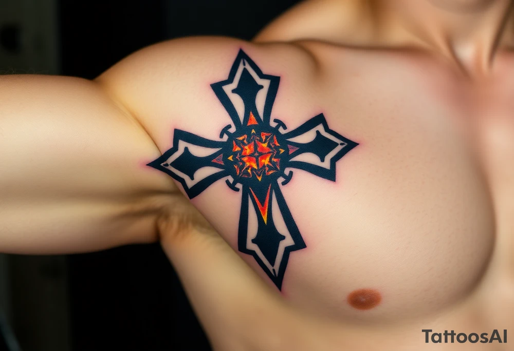 A cracked obsidian Maltese cross with lava glowing through the fractures, symbolizing power and transformation tattoo idea