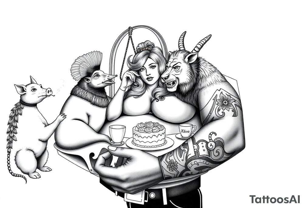 Sexy naked fat lady having a tea party with a pig, peacock, noose, lion, goat, smoking cigerettes looking in the mirror having sex with a man eating a cake tattoo idea