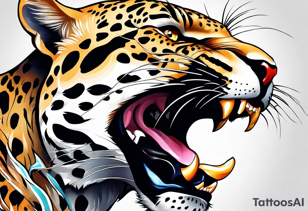 An aggressive jaguar with mouth open tattoo idea