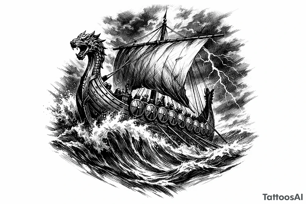 Viking longship sailing through stormy, cresting waves, dark sky. tattoo idea