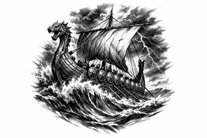 Viking longship sailing through stormy, cresting waves, dark sky. tattoo idea