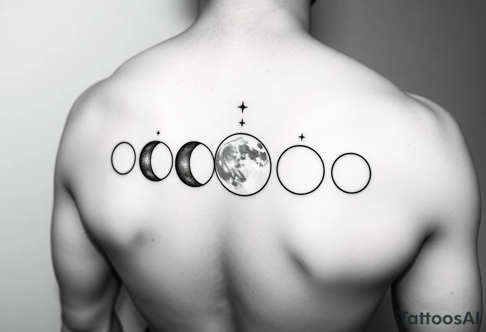 5 moon phases going vertical for a forearm in this order waxing crescent, third quarter phase, full moon, first quarter phase, third quarter phase with the Capricorn constellation without connecting lines just the stars behind it tattoo idea