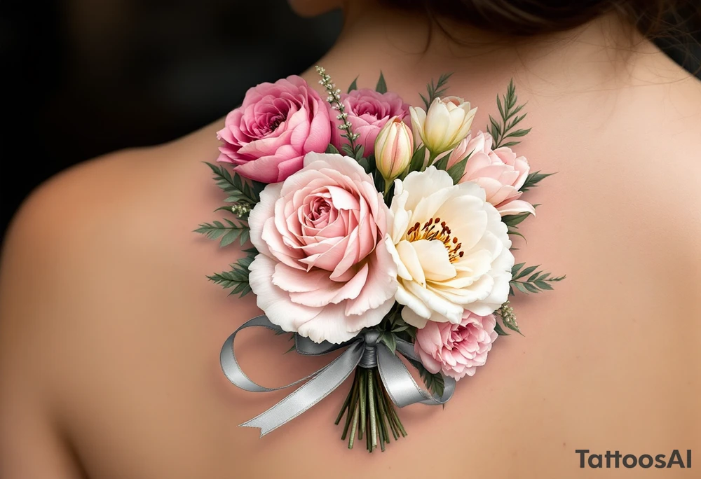 Description: A delicate bouquet of roses, peonies, and lilies tied together with a soft, flowing ribbon. The bouquet is gently resting in the shape of a heart.
Meaning: Represents the beauty and joy of marriage, as well as the bride’s special day.
Colors: Soft pinks, ivory, light green, and a pop of burgundy for depth, with a silver ribbon. tattoo idea