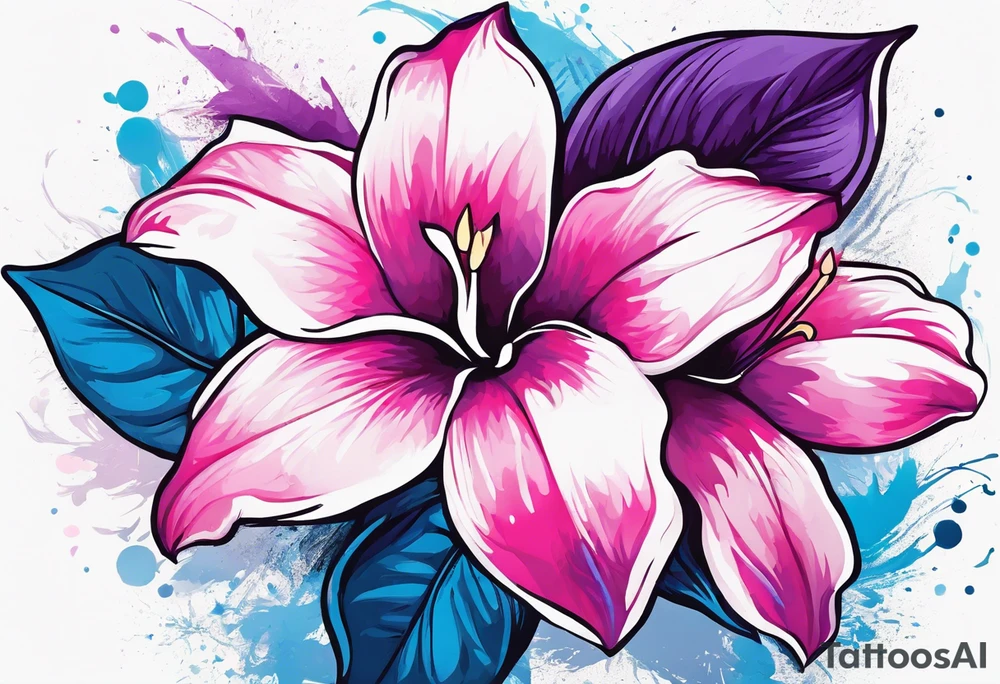 negative space mandevilla flowers over a brushstroke background of blue, pink and purple tattoo idea