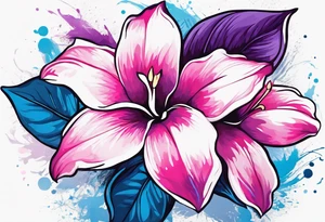 negative space mandevilla flowers over a brushstroke background of blue, pink and purple tattoo idea