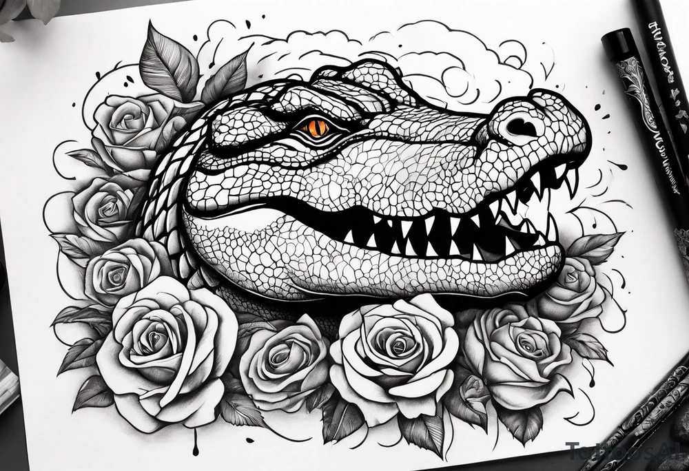Make an arm sleeve with alligators and lightning bolts with roses scattered tattoo idea