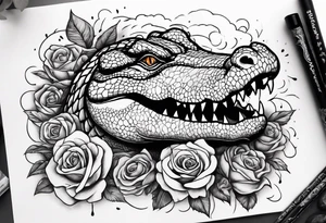 Make an arm sleeve with alligators and lightning bolts with roses scattered tattoo idea