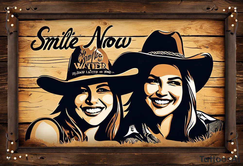 Smile now cry later to resemble cowboy/girl faces—one smiling with a cowboy hat and the other crying with a bandana or cowboy hat tilted downward? Framed with a rope or barbed wire design and include rustic lettering for the phrase “Smile Now, Cry Later,” perhaps resembling old western signage or branding irons. tattoo idea
