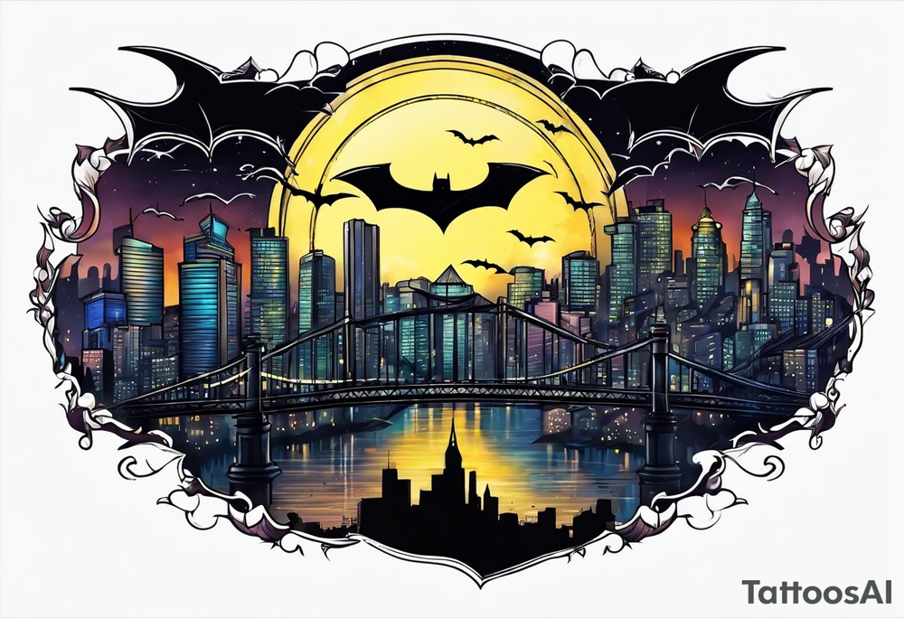 bat signal at night over a cityscape tattoo idea