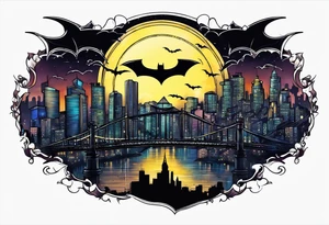 bat signal at night over a cityscape tattoo idea