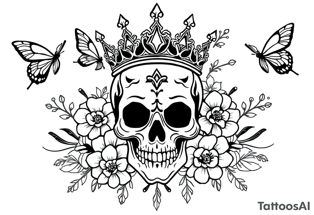 ornate skull adorned with gothic crown surrounded by boho flowers and butterflies tattoo idea