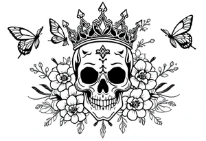 ornate skull adorned with gothic crown surrounded by boho flowers and butterflies tattoo idea