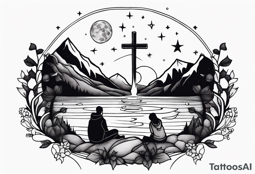 a family of three sitting in a nature with mountains, waterfall, water, and a cross in the background and and moon in the sky with stars tattoo idea