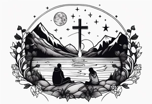 a family of three sitting in a nature with mountains, waterfall, water, and a cross in the background and and moon in the sky with stars tattoo idea