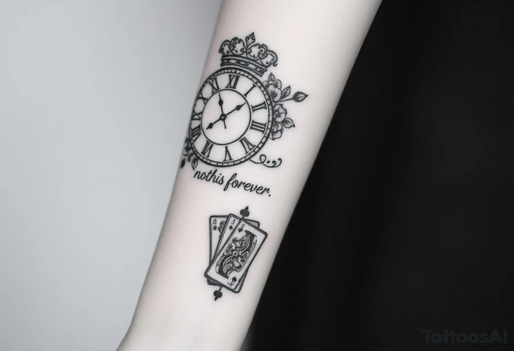 Roman clock with roses and a crown,  a quote that says nothings forever. and on the bottom a deck of cards tattoo idea