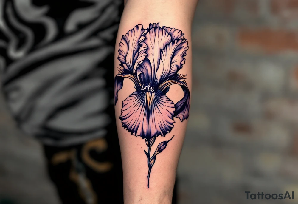 big iris flower with the name “IRIS” written in the stem of the flower in cursive on the outside of the forearm tattoo idea