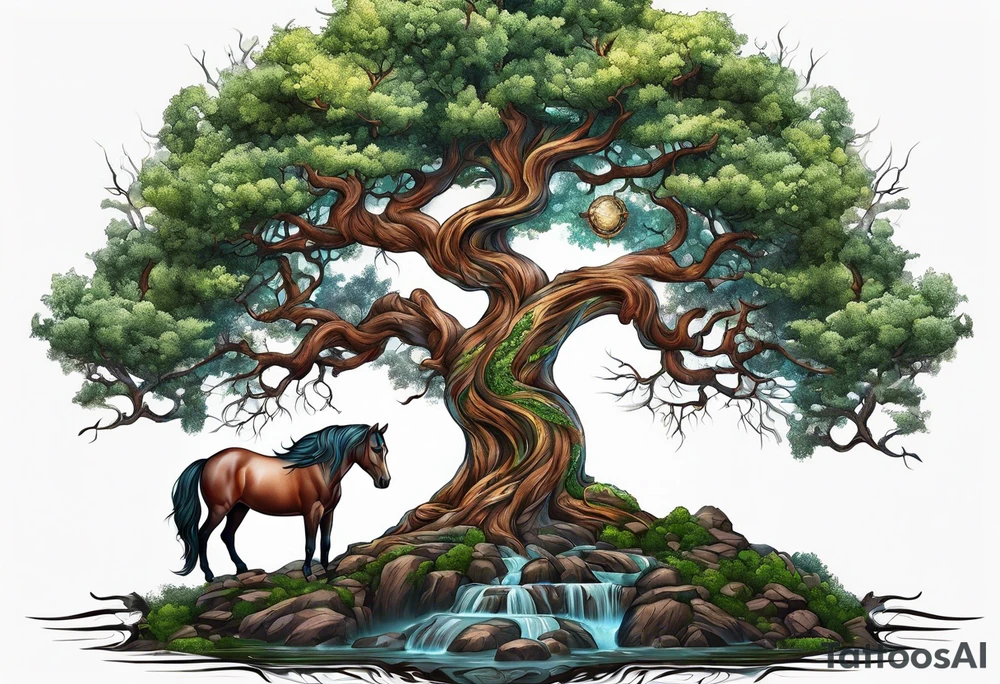 Realistic Horse and Yggdrasil tree tattoo idea