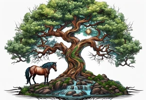 Realistic Horse and Yggdrasil tree tattoo idea