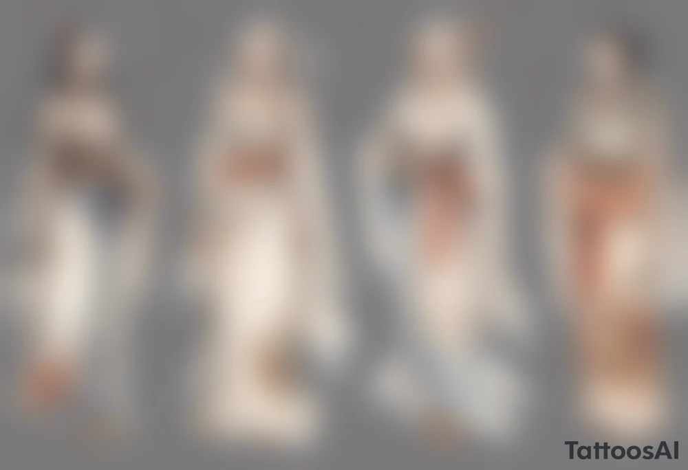a full body medieval woman with a white feather dress tattoo idea