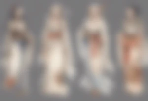 a full body medieval woman with a white feather dress tattoo idea