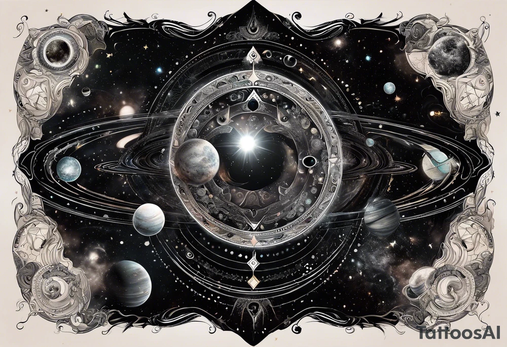 A tattoo featuring a cosmic scene with planets, black holes, and supernovae intertwined with intricate linguistic symbols, reflecting the client's interests in cosmology and linguistics. tattoo idea