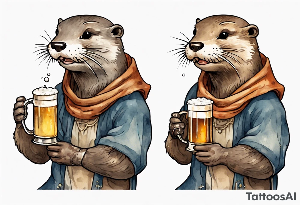 a medieval otter-human wearing a tunic and drinking from a pewter mug of beer in a tavern, laughing tattoo idea