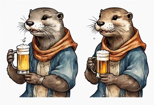 a medieval otter-human wearing a tunic and drinking from a pewter mug of beer in a tavern, laughing tattoo idea