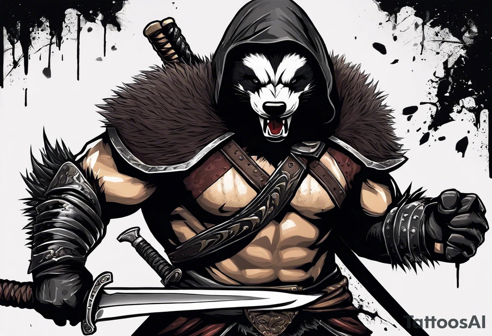 Draw me psychopath Honey Badger/Berserker/Assassin with aggressive full body, killer face with a scary smile, very long nails and he attacks like a Bloody Assassin/Warrior/Gladiator to us and also, he has very deadly looking. He fights with his nails only. Everybody scares after their first sight. Give me horror type Badger Tattoo. I want to see his Realistic full body with no weapons. You can show destruction at the back. tattoo idea
