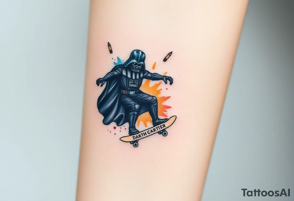 Darth Vader skateboarding > bullets > in loving memory > colors > god > futuristic 
add words "Darth Carter" on skateboard
add date 12/29/88-01/06/24 tattoo idea