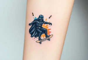 Darth Vader skateboarding > bullets > in loving memory > colors > god > futuristic 
add words "Darth Carter" on skateboard
add date 12/29/88-01/06/24 tattoo idea