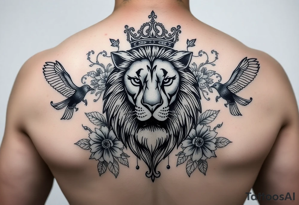 powerful majestic lion with a crown, surrounded by floral ornaments and birds tattoo idea