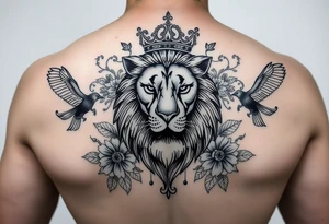powerful majestic lion with a crown, surrounded by floral ornaments and birds tattoo idea