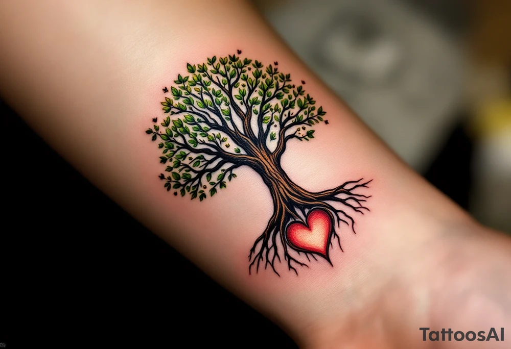 A tree with a strong trunk, and the roots forming a heart shape at the base. Small leaves gently flutter around the branches. Earthy browns for the trunk, rich green for the leaves, and soft red and pink tones for the heart-shaped roots. tattoo idea