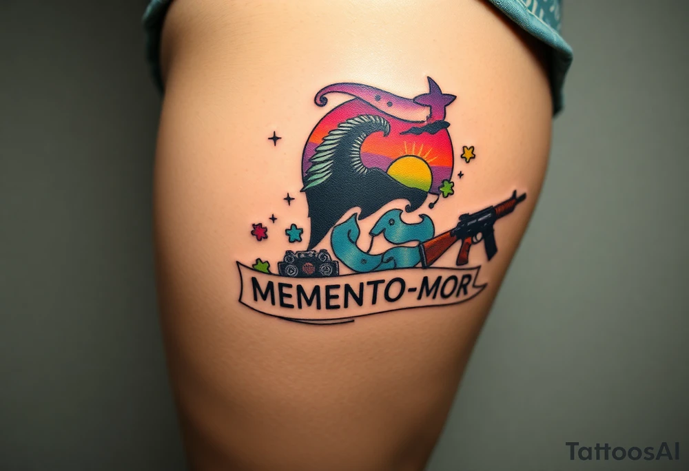 colorful futuristic memory tattoo for passed boyfriend; Florida, gulf coast water, Harley Davidson, skateboarding, puzzle pieces, video games, heaven, god, outdoors, guns, disc golf, words "MEMENTO MORI" tattoo idea