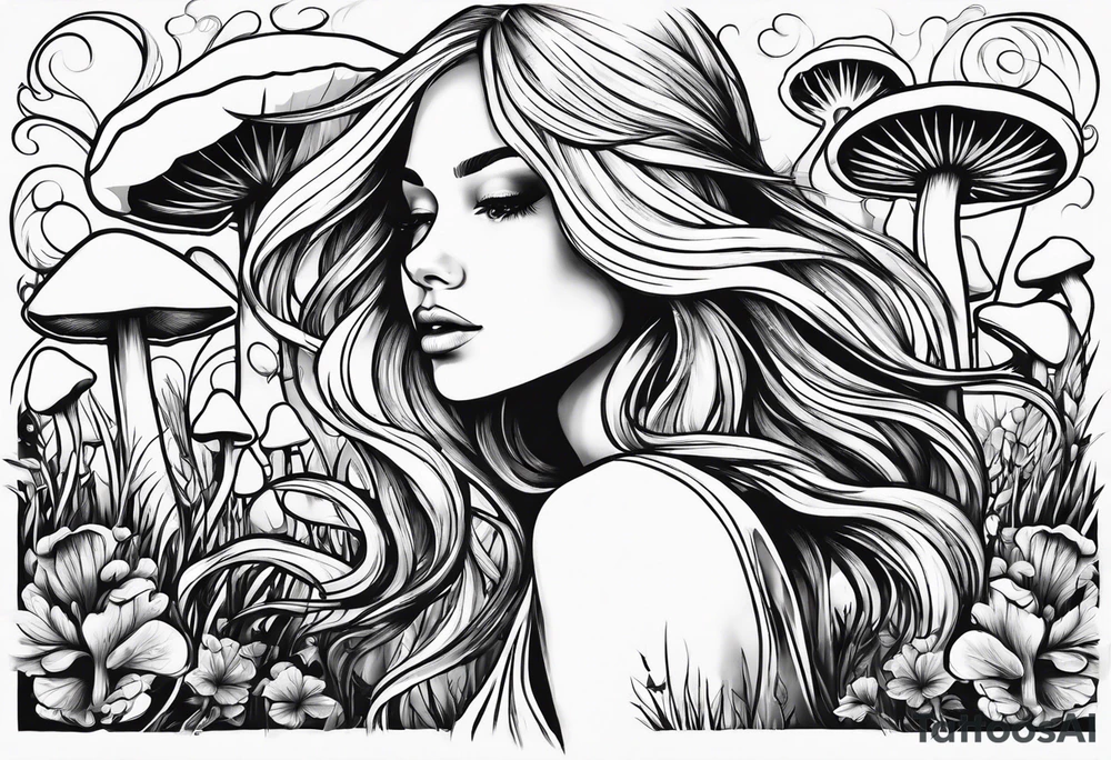 Blonde Girl dancing in field of mushrooms tattoo idea