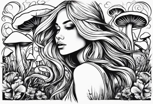 Blonde Girl dancing in field of mushrooms tattoo idea