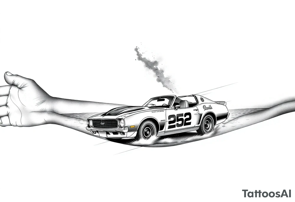 I want arm sleeve that starts with a beach with dale Earnhardt car on the beach with a hot blonde 80’s girl with big hair on the hood. Then an ocean with big waves then a big dark sky with the Milky Way in it and Jimi Hendrix Stratocaster in the sky tattoo idea