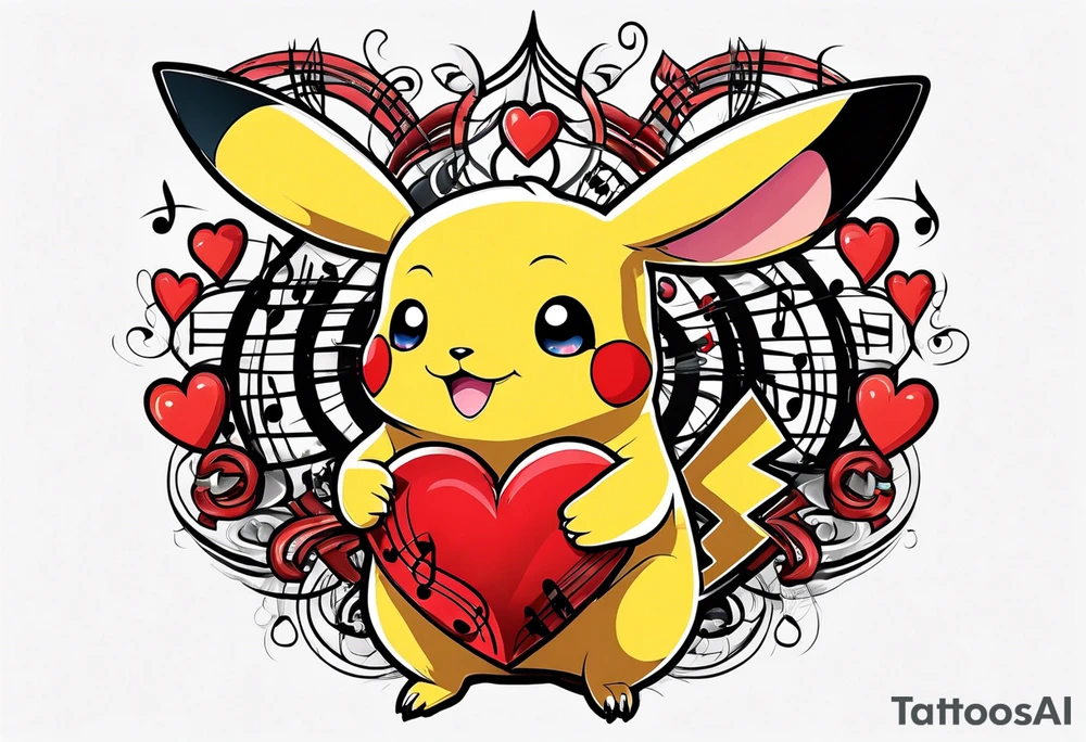 Pickachu squeezing a heart made from a trouble clef and music notes tattoo idea