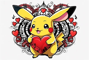 Pickachu squeezing a heart made from a trouble clef and music notes tattoo idea